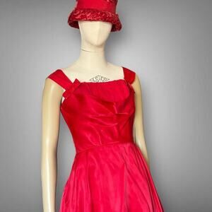 Vintage 1950s Red Satin Cocktail Dress Crinoline Shelf Bust Fit and Flare Bow
